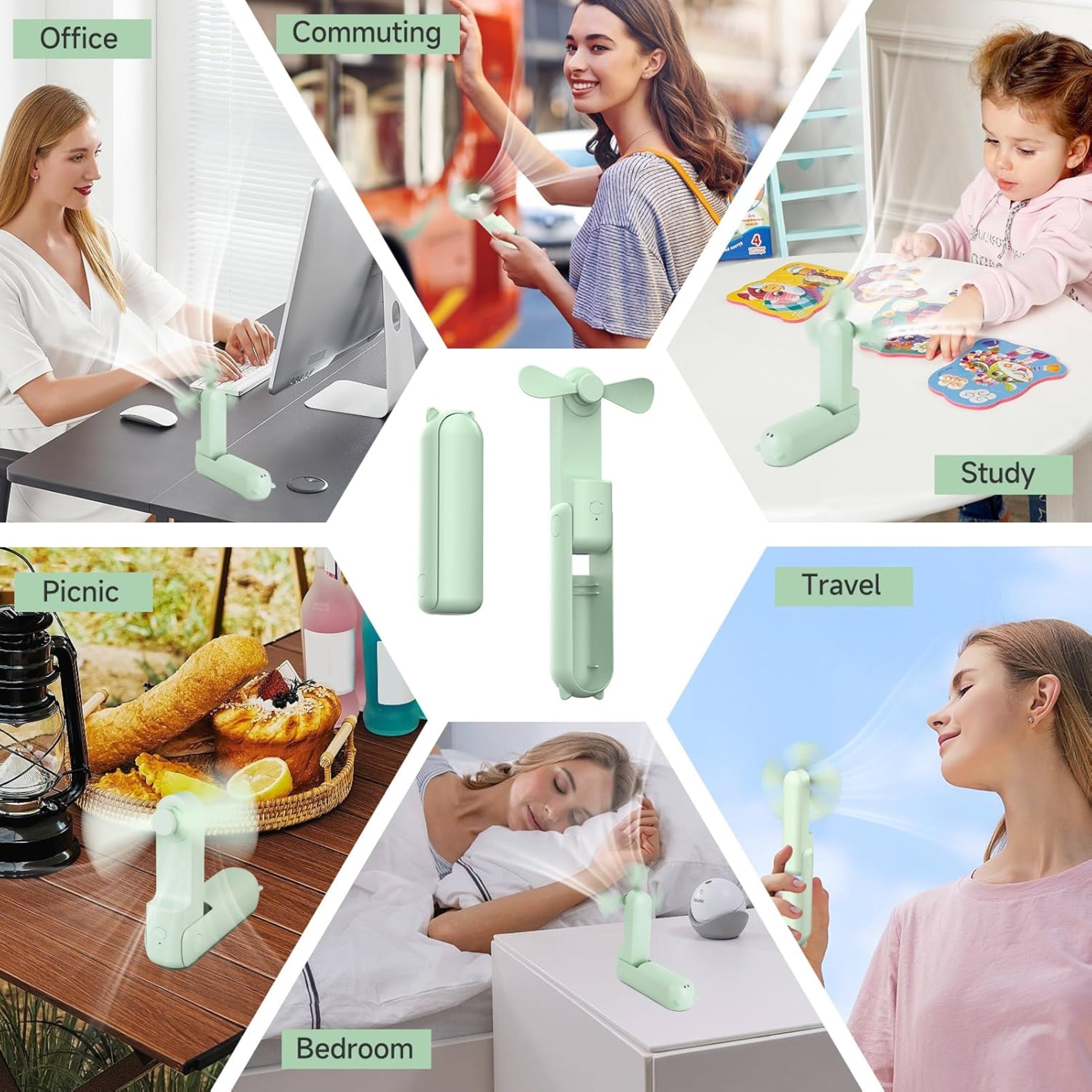 LA CUTE Handventilator Tragbarer Mini Handventilator faltbar USB-C Akku leise Grün, Faltbar, Powerbank-Funktion, 3 Stufen, leise, tragbar – Bild 5 von 5