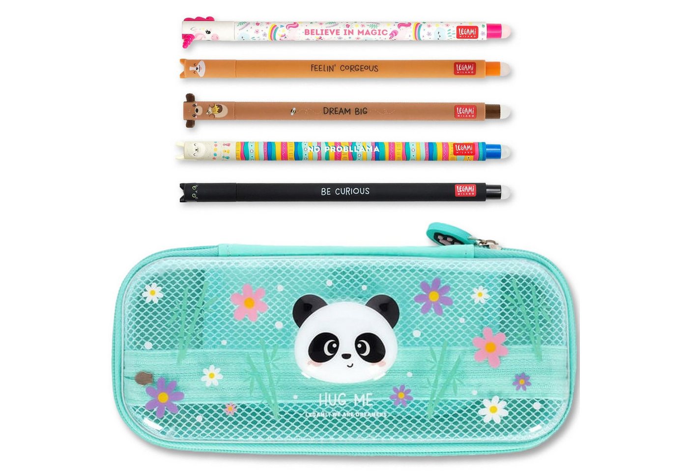 Legami Federmäppchen Federmäppchen mit 2 Fächern & 5 radierbaren Stiften, thermosensitiv, Niedliche Tierdesigns, inkl. Panda