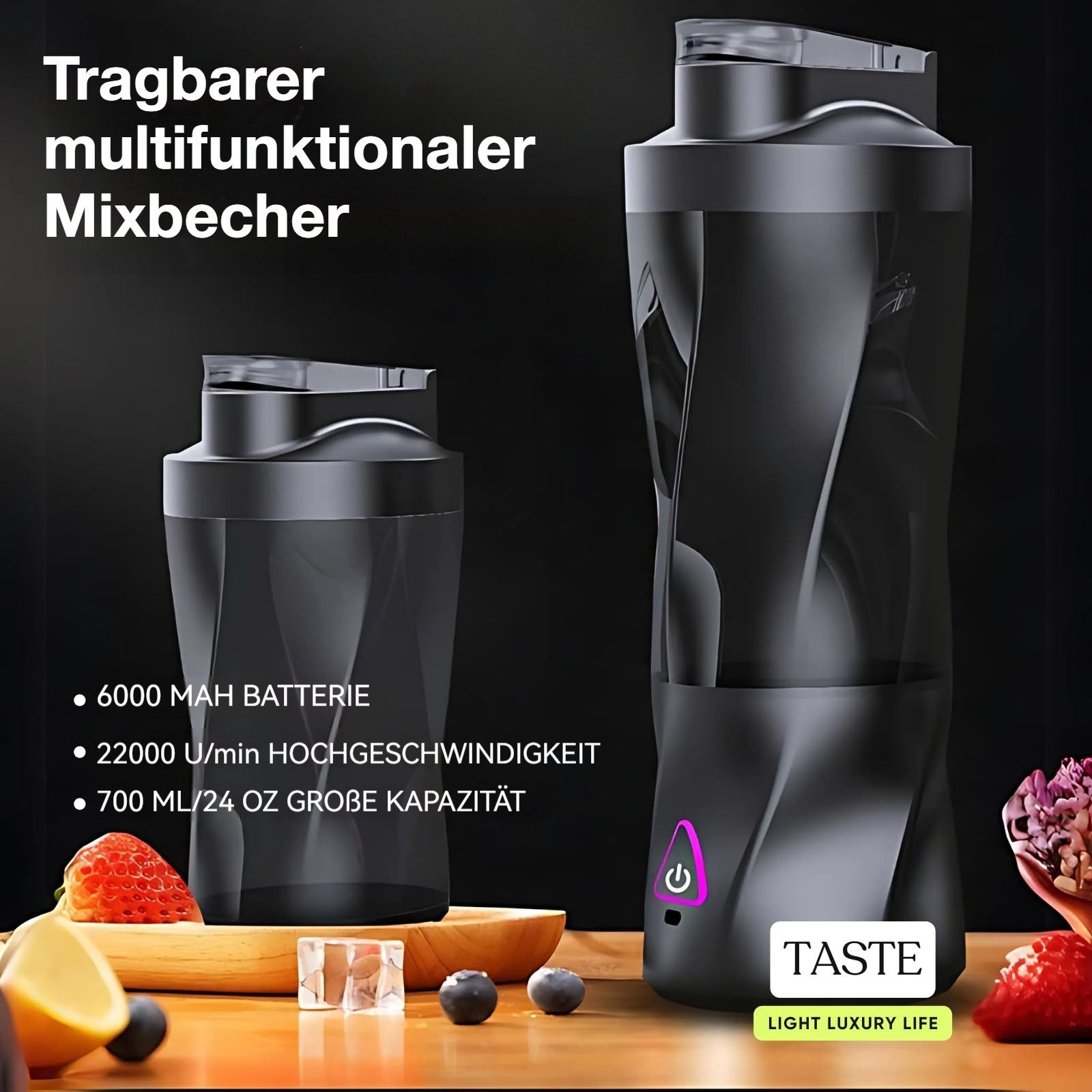 Tekoo Akku-Smoothie-Maker Standmixer To Go 700ml, 360W & 6000mAh Akku für Smoothies, 360 W, 360W Hochleistungsmotor, 6-fach Edelstahlklinge, Ice-Crush-Funktion