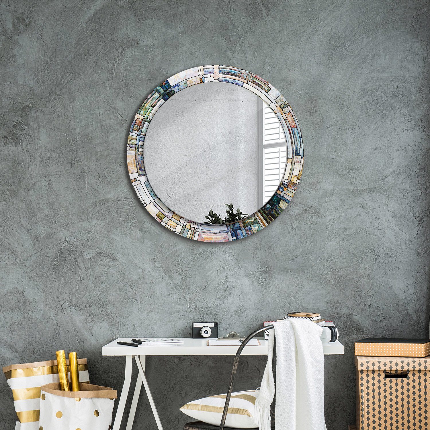 Ø70 Wohnzimmer cm, Rundspiegel Rund: Dekospiegel Spiegel Tulup mit Glas Wandspiegel Aufdruck Badezimmerspiegel Gebeizt