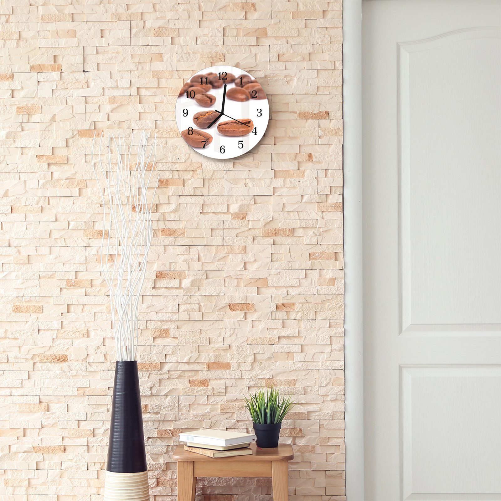 Primedeco Wanduhr Wanduhr aus Glas Durchmesser Rund Motiv mit verteilt Kaffeebohnen - und mit 30 Quarzuhrwerk cm