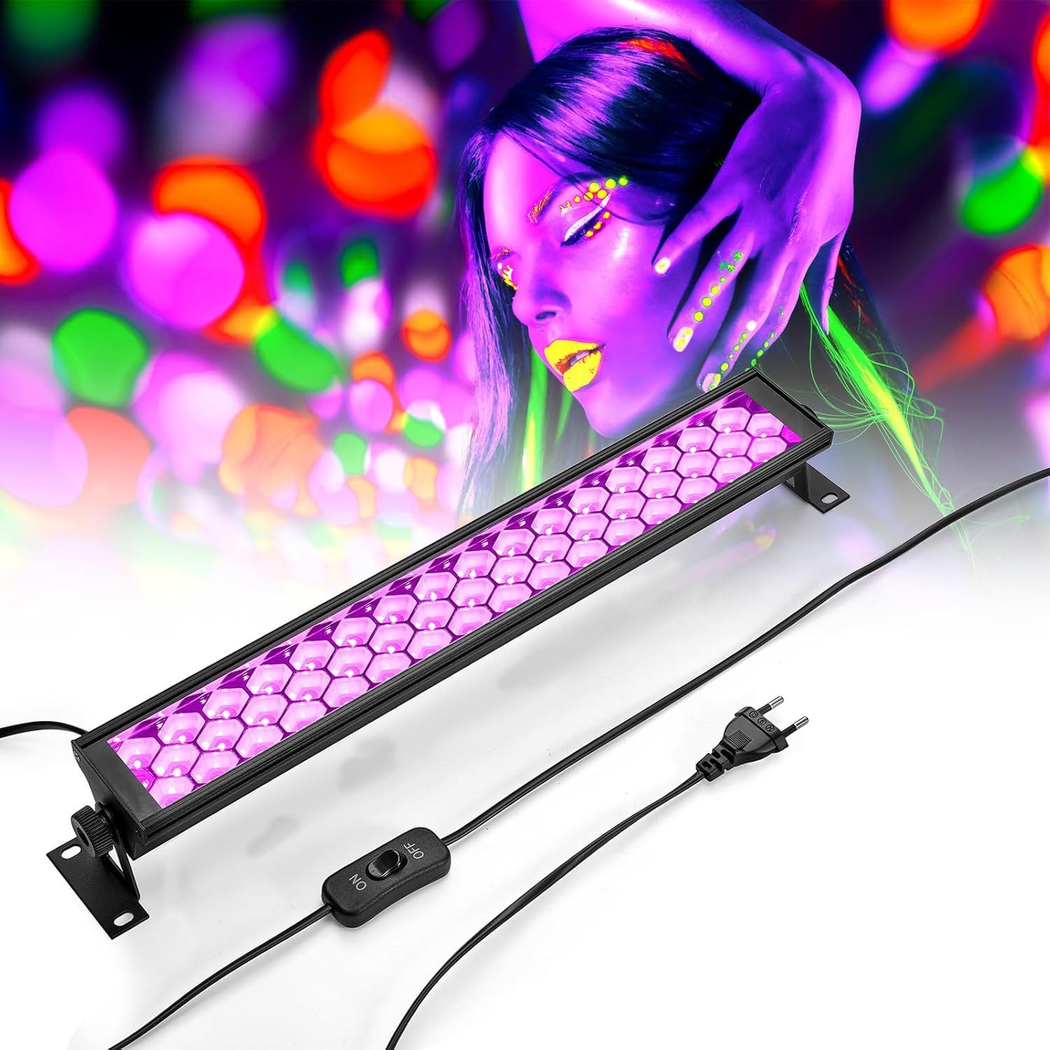 Anpro Discolicht 72W LED UV Schwarzlichtlampe mit 3 fluoreszierenden Klebebändern, 48 UV-LEDs, 72 Watt Gesamtleistung, LED-Technik, 385–400 nm Wellenlänge, UV S – Bild 3 von 5