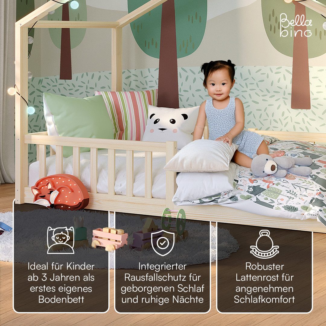 Bellabino Hausbett Kinderbett Bia mit Lattenrost (natur, mit Matratze), Bodenbett mit Rausfallschutz, verfügbar in 80x160 & 90/120/140x200 cm