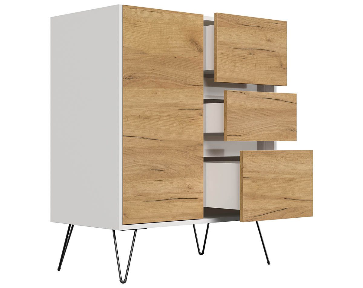 Posseik Waschtisch-Set Sideboard FAVIER 80 x 94cm, 3 Schubladen 1 Tür, weiß-eiche, (Sideboard, 1-St., Sideboard)