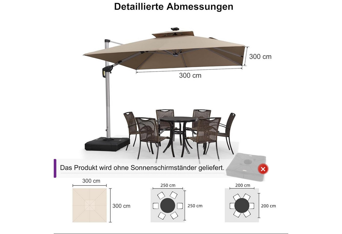 Thumbnail - PURPLE LEAF Ampelschirm Quadratischer Außenbereich Sonnenschirm, Gartenschirm mit Solar LED, LxB: 300,00x300,00 cm, für ...