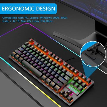ZIYOU LANG Schwarz Wired Gaming- TKL 80% QWERTY Layout, Tastatur- und Maus-Set, Kompakt 87 Tasten, Klickbarer Blauer Schalter, Regenbogen-LED-Backlit