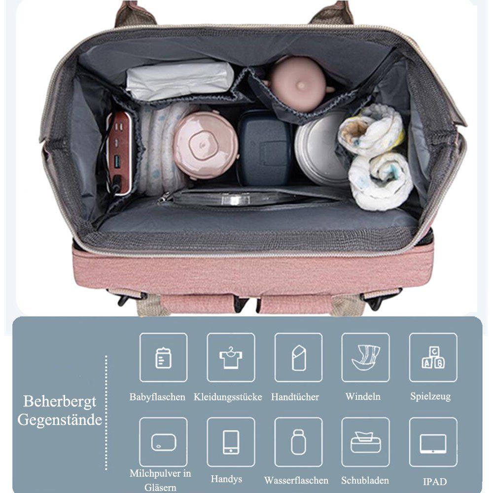 Baby Moskitonetz NUODWELL Wickeltasche Rucksack,mit Wickeltasche und USB-Ladeanschluss Rosa-grau