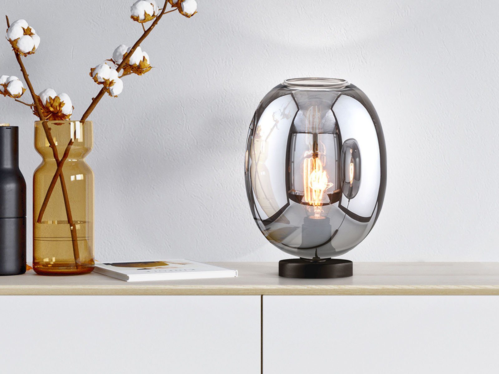Höhe Designer-lampe meineWunschleuchte mit Rauchglas LED Glas-kugel LED 27cm Nachttischlampe, kleine Warmweiß, Lampenschirm, wechselbar,