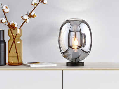 meineWunschleuchte LED Nachttischlampe, LED wechselbar, Warmweiß, kleine Designer-lampe mit Glas-kugel Rauchglas Lampenschirm, Höhe 27cm