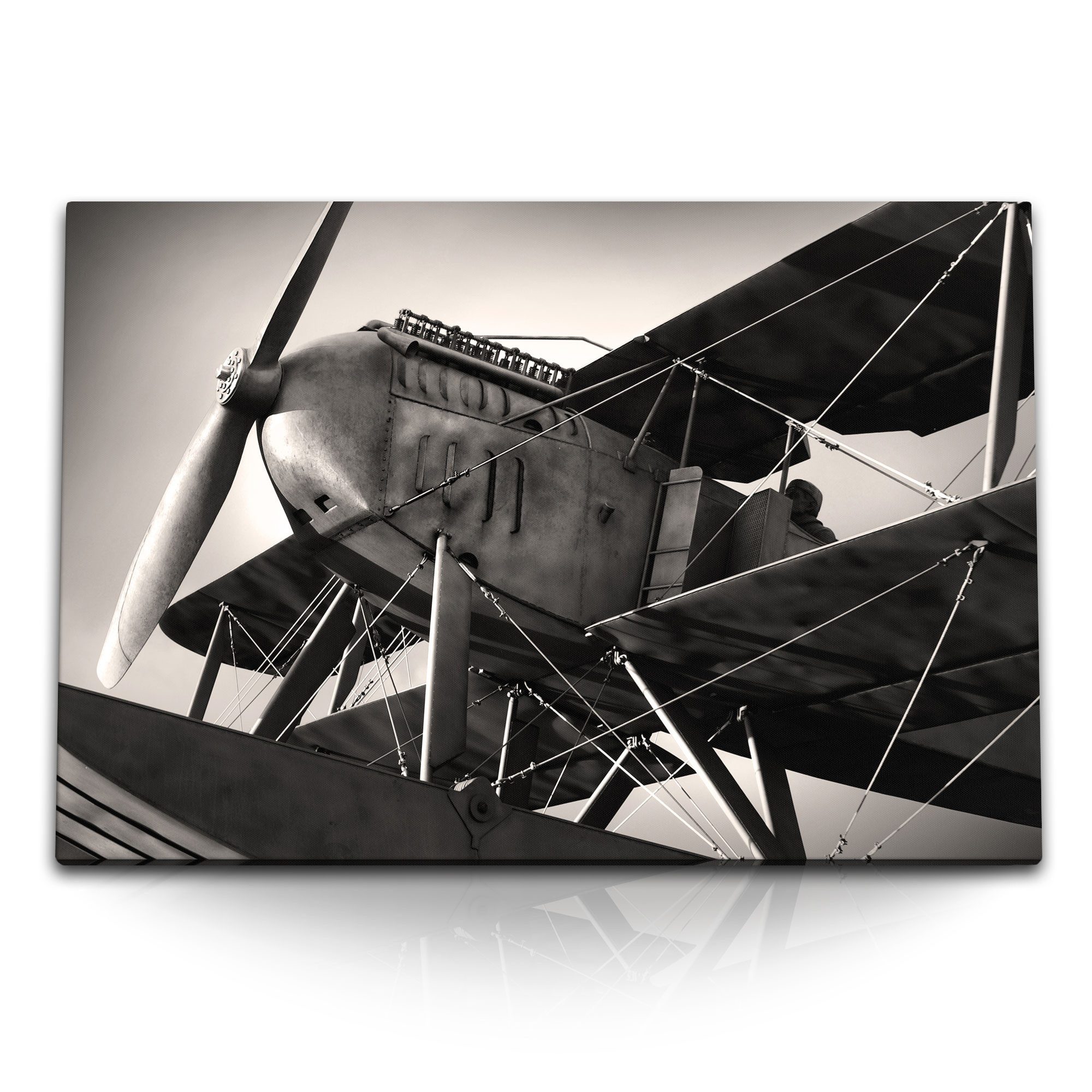 Leinwandbild 120x80cm Wandbild auf Leinwand Altes Flugzeug Fotokunst Schwarz Weiß P
