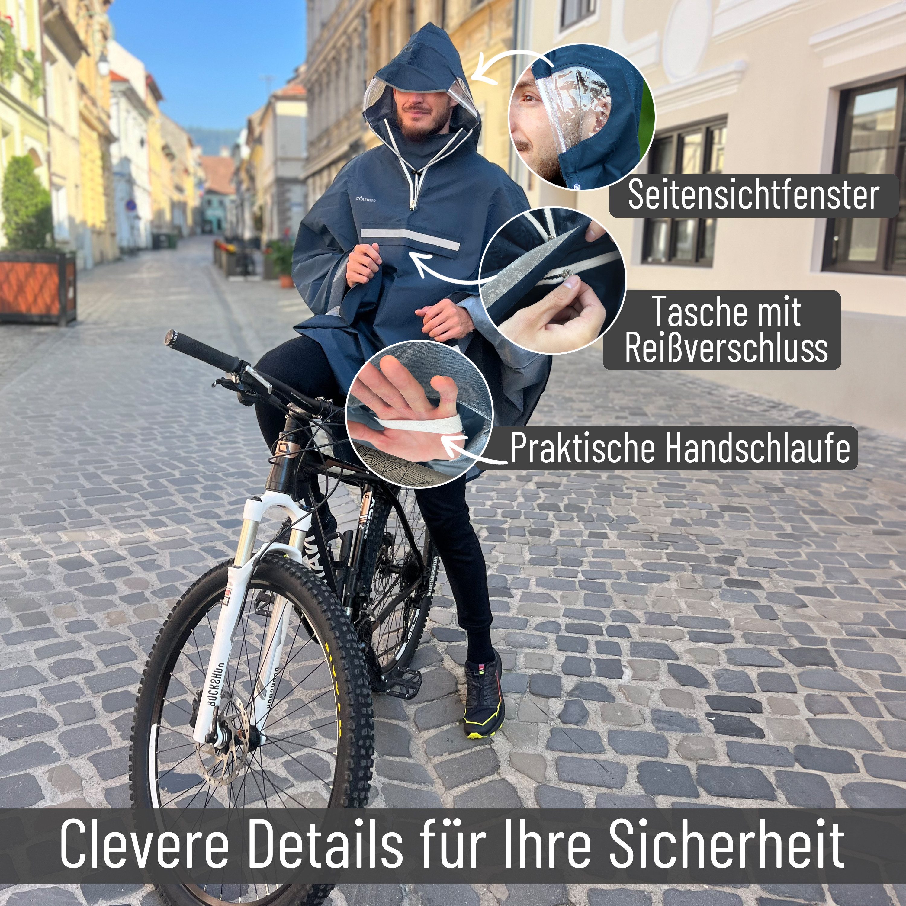 CYCLEHERO Regenponcho CYCLEHERO Fahrrad Regenponcho mit Reflektoren, wasserdicht, Dunkelblau (1-St., XL) Reflektoren, Sichtfenster, Handschlaufen, Regenfänger