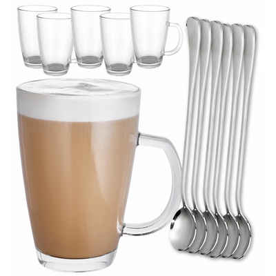 Cosumy Latte-Macchiato-Tasse »6 Latte Macchiato Tassen mit Löffel«, Glas, 6er Latte Macchiato Gläser Set mit Henkel und Löffel - 300ml - Hält lange warm