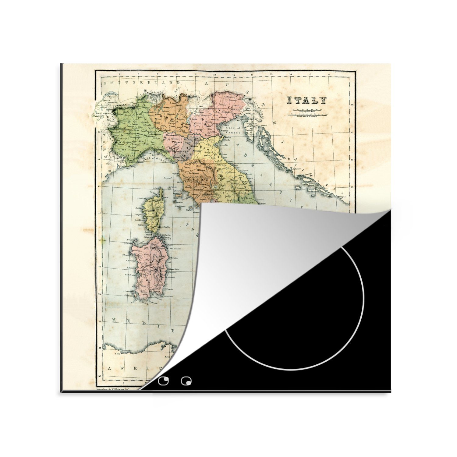MuchoWow Herdblende-/Abdeckplatte Vintage-Karte von Italien, Vinyl, (1 tlg), 78x78 cm, Ceranfeldabdeckung, Arbeitsplatte für küche