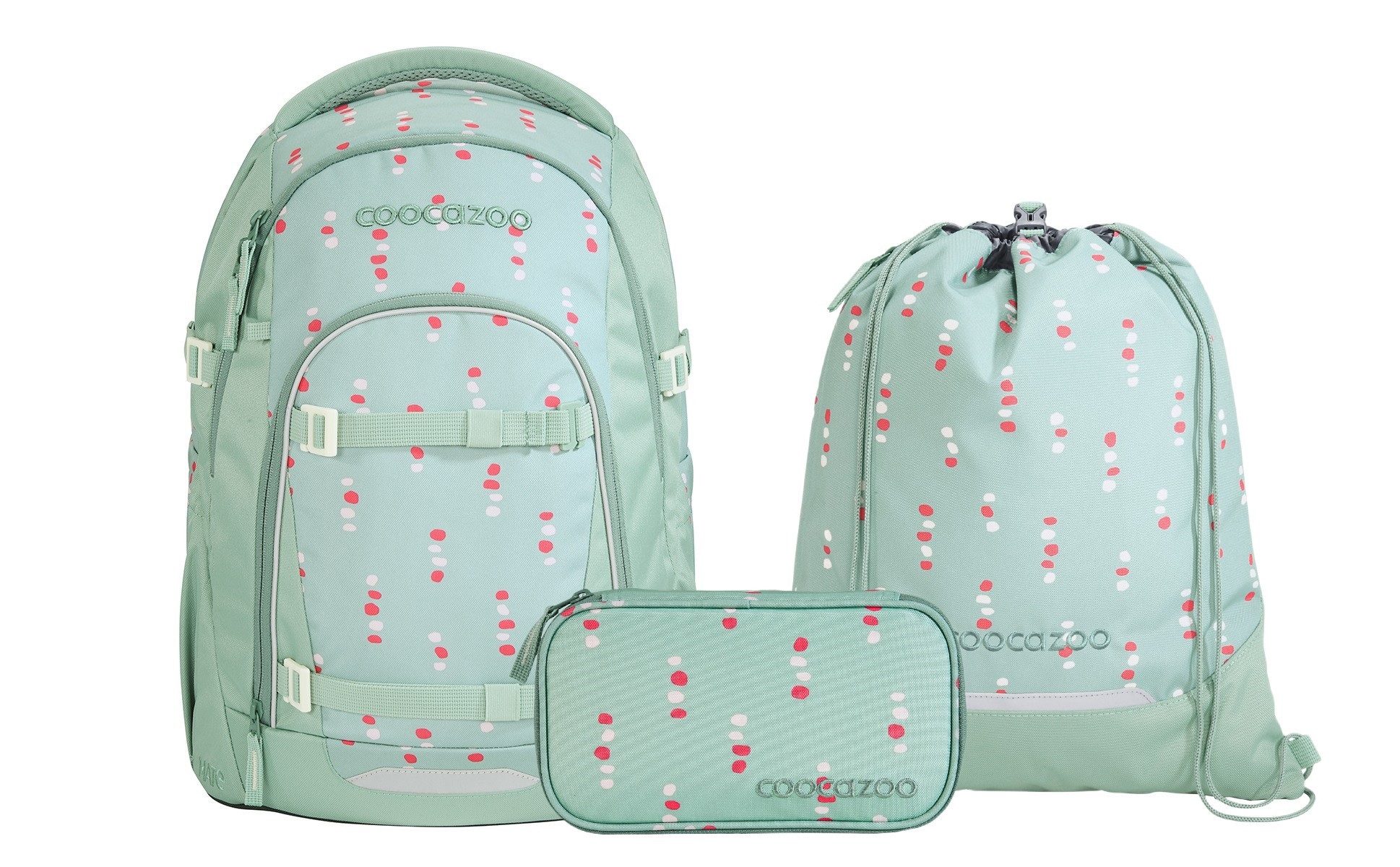coocazoo Schulranzen Schulrucksack-Set MATE Dancing Dots 3-teilig (3-teilig), ergonomisch, Körpergröße: 135 - 180 cm, Easy-Grow-System