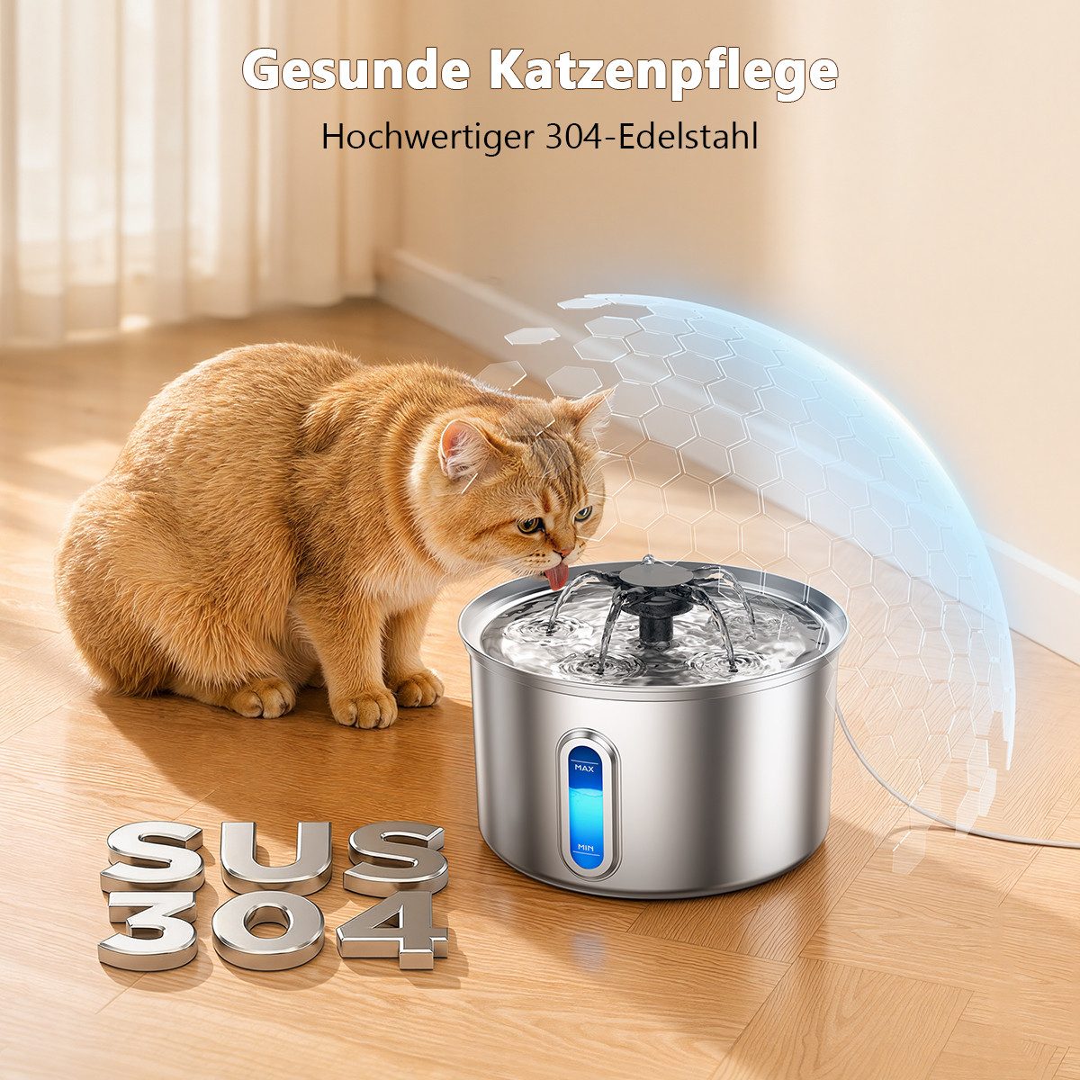 AeroAxis Trinkbrunnen 3,2 L Katzenbrunnen Edelstahl, Wasserspender Für Katze und Hunde 3.2 l, 2 Filter, Einfach Reinigbar, mit Wasserstandsfenster, leise