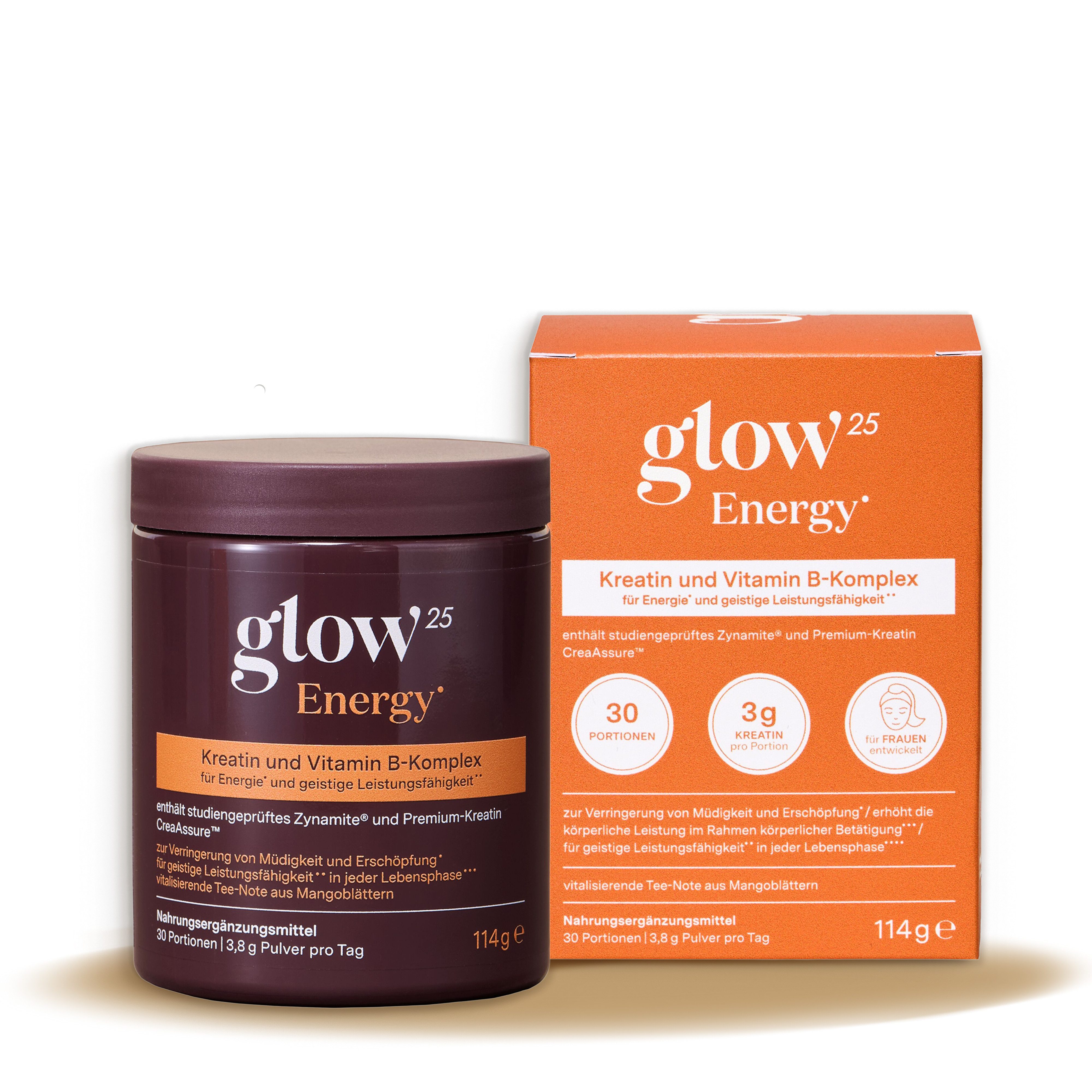 Glow25 Glow25® Energy [30 Port.] – Kreatin, Mangoblatt-Extrakt & B-Vitamine Pulver, 114 g