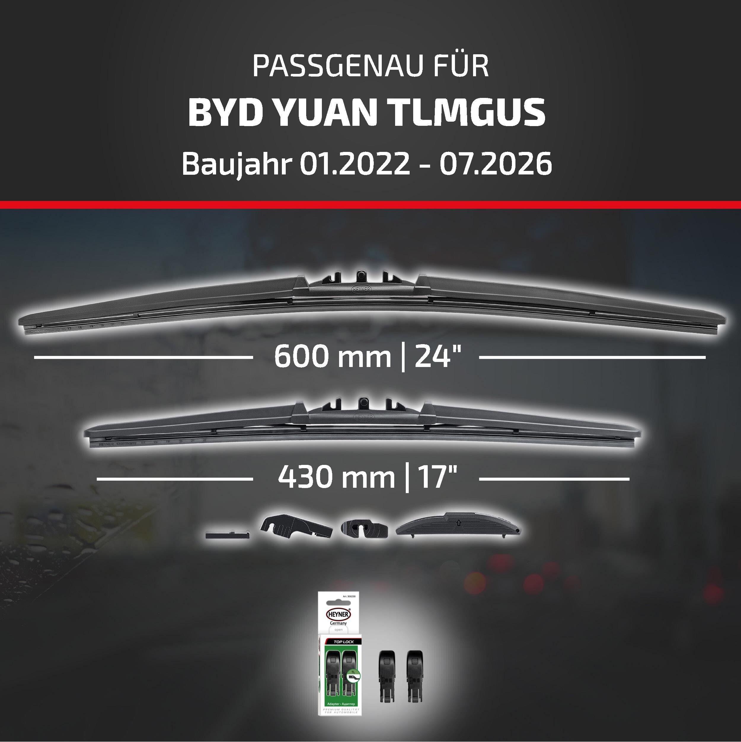 HEYNER Scheibenwischblätter passend für BYD YUAN TLMGUS, 01.2022 - 08.2026, Frontscheibe, (Packung, 2-St., Scheibenwischer), mit Nano Graphit Beschichtung