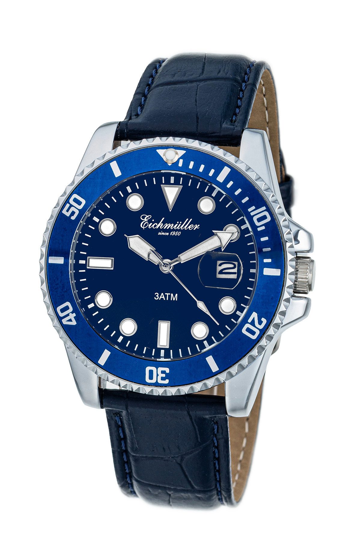 Eichmüller Quarzuhr Herrenuhr RE3006 Taucheruhr Look 41 mm Blau Lederarmband Datum