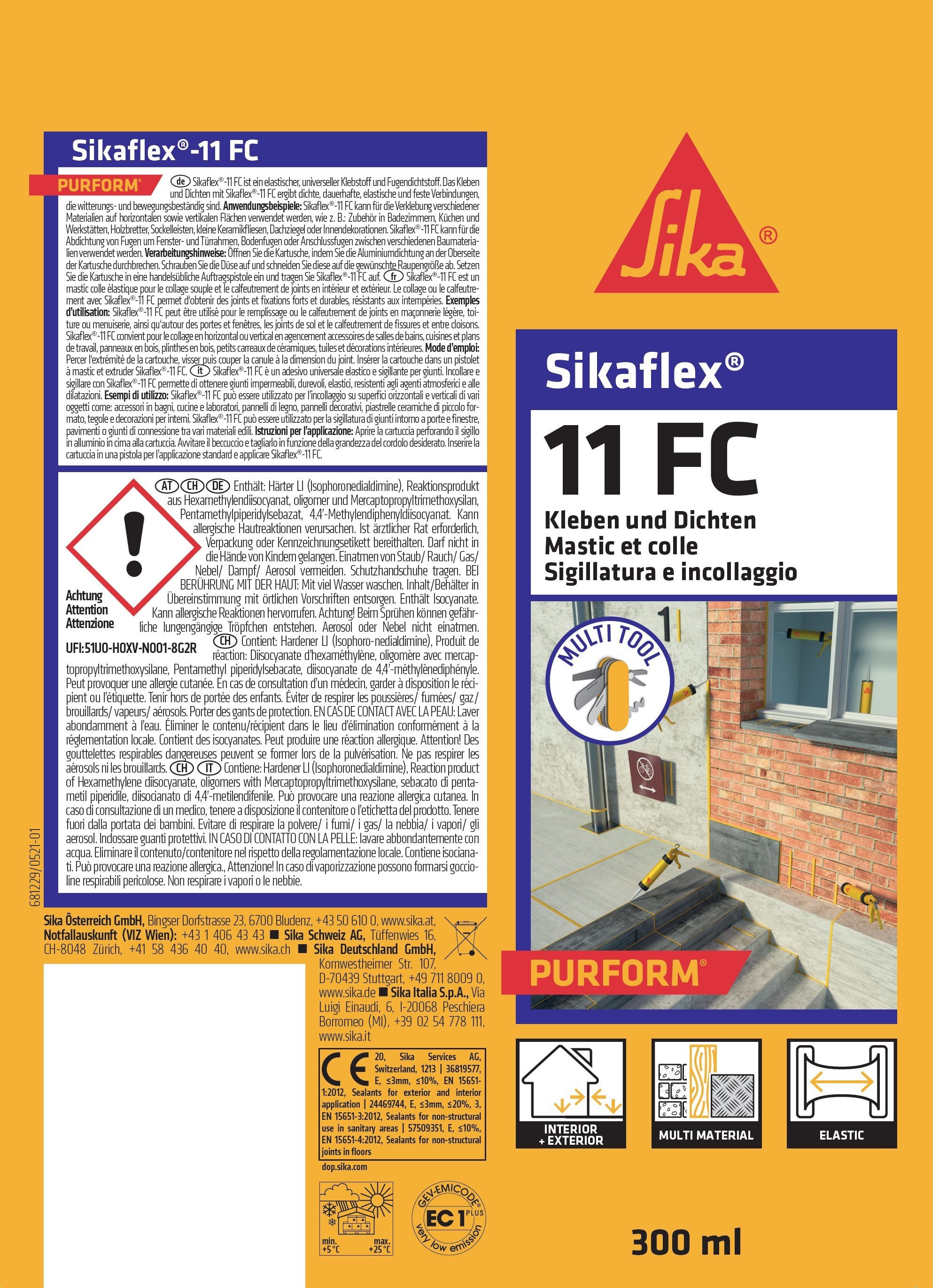 Sika Dichtstoff Sikaflex 11 FC Polyurethan Kleb Dichtstoff 300ml Kartusche uniweiss, gebrauchsfertig, Schleifbar