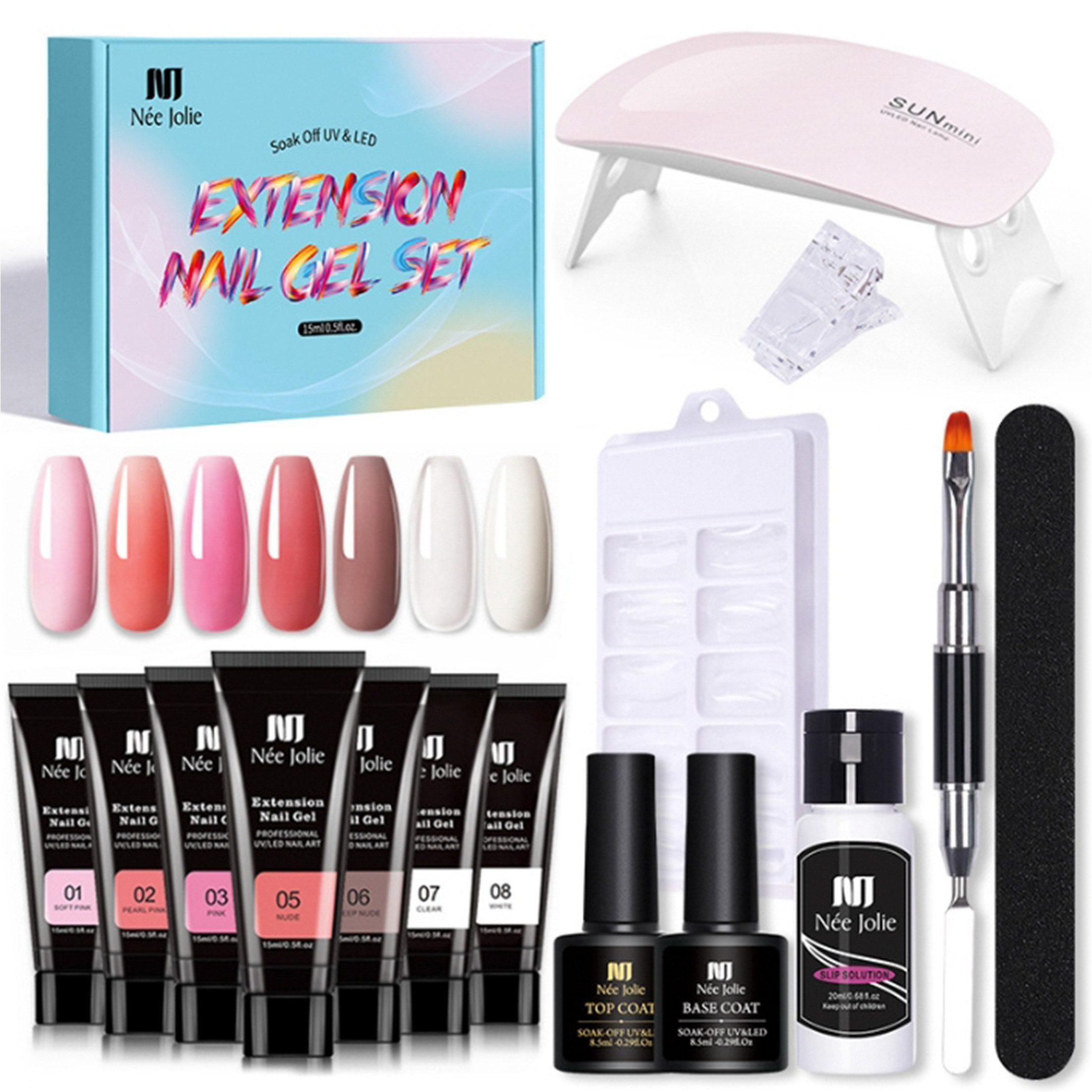 KINSI Lichthärtungsgerät Nagelverlängerung Gel Set - 15 Stück Komplettset mit 7 Farben, für Anfänger & Profis,Inklusive Alles für DIY Nail Art zu Hause