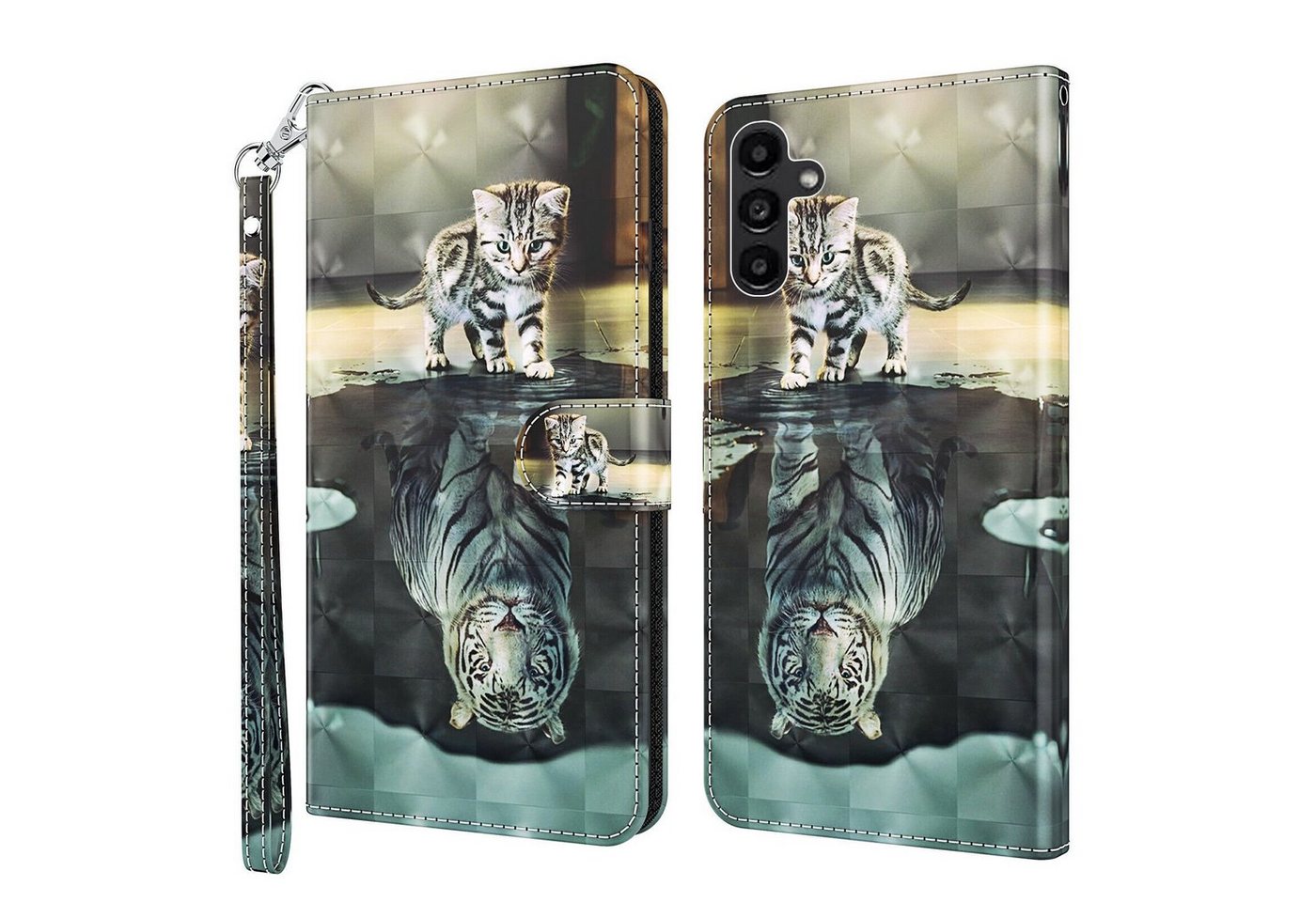 CLM-Tech Handytasche für Samsung Galaxy A15 5G Hülle Tasche aus Kunstleder Klapphülle (Katze Tiger, Handyhülle Wallet Flip Case Cover Etui), Schutzhülle mit Standfunktion, Kartenfächer, und Magnetverschluss