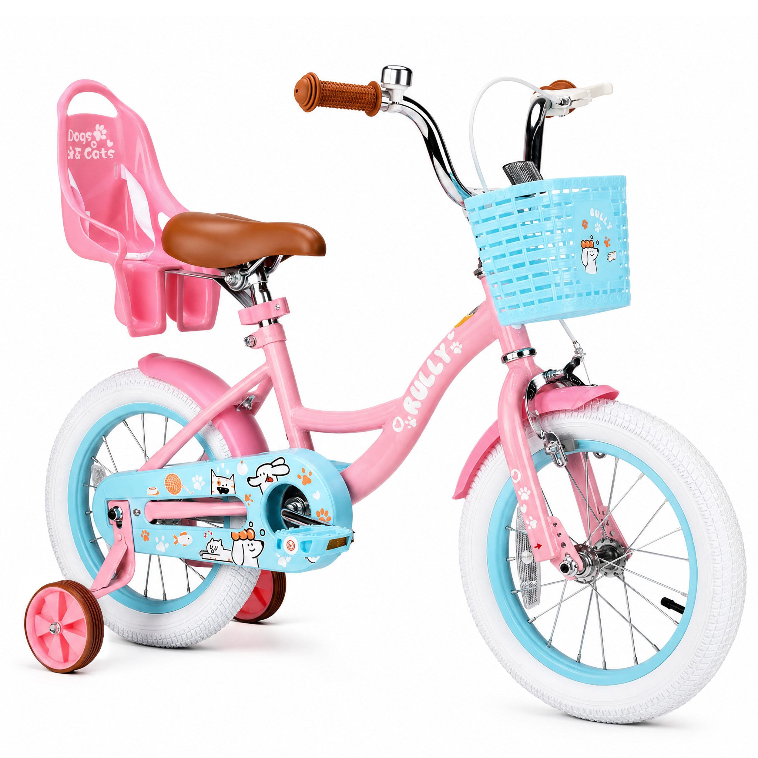 RULLY Kinderfahrrad Kinderfahrrad Mädchen 12/14/16 Zoll für 2–7 Jahre, 1 Gang, Mit Korb, Puppensitz, Stützrädern, Schutzblech & Klingel