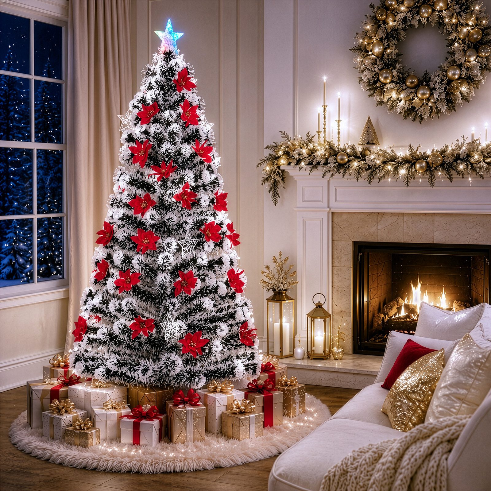 VINGLI Künstlicher Weihnachtsbaum mit Lichtern, Weihnachtsdeko mit Metallständer, für innen & Außen, LED Lichtfasern, 230 Spitzen, Roten Blumen & Stern, PET, Bunt, 180cm