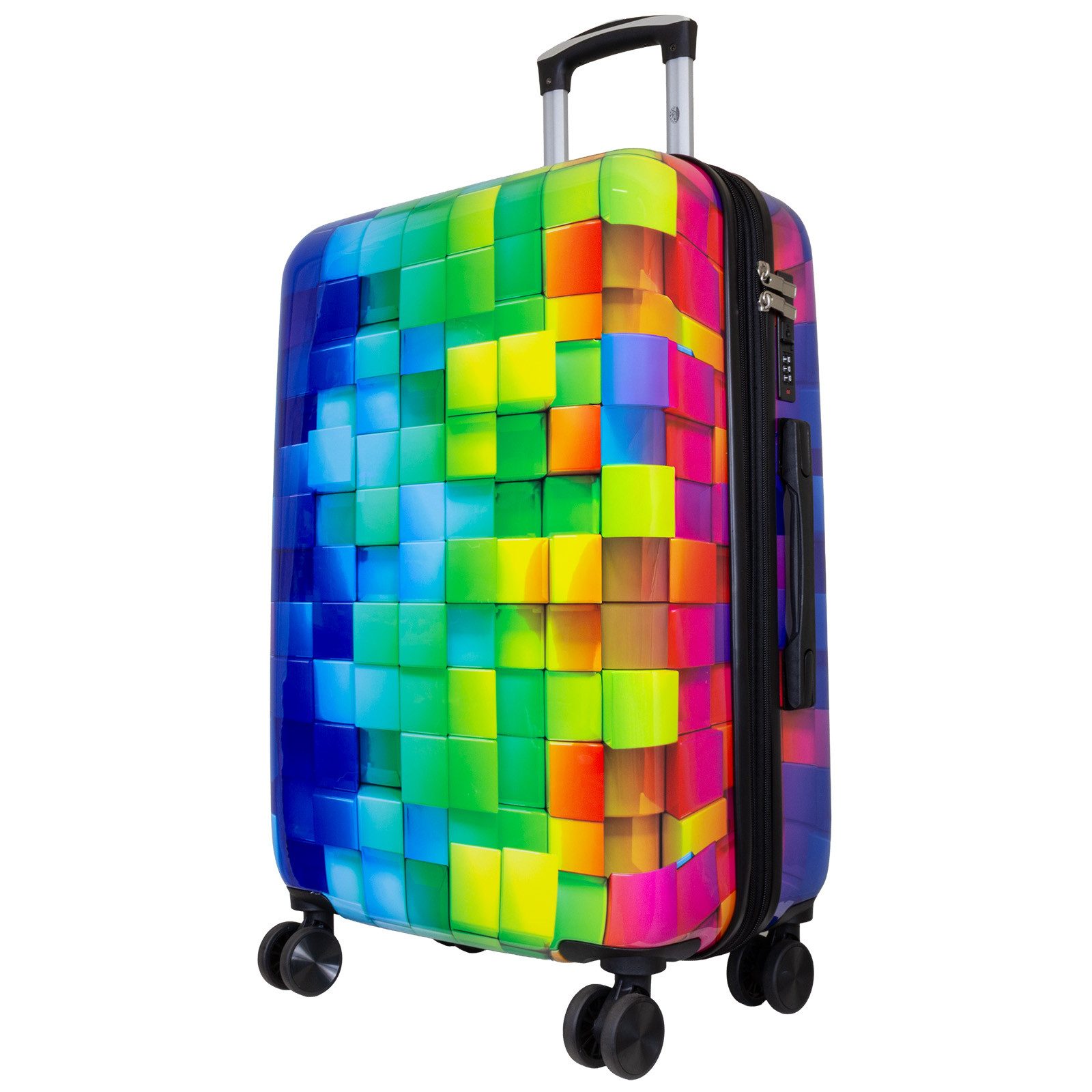 Trendyshop365 Hartschalen-Trolley Motivkoffer Mosaik mit mehrfarbigem 3D Druck, lieferbar in 3 Größen, 4 Rollen, Zahlenschloß, Polycarbonat, Dehnfalte
