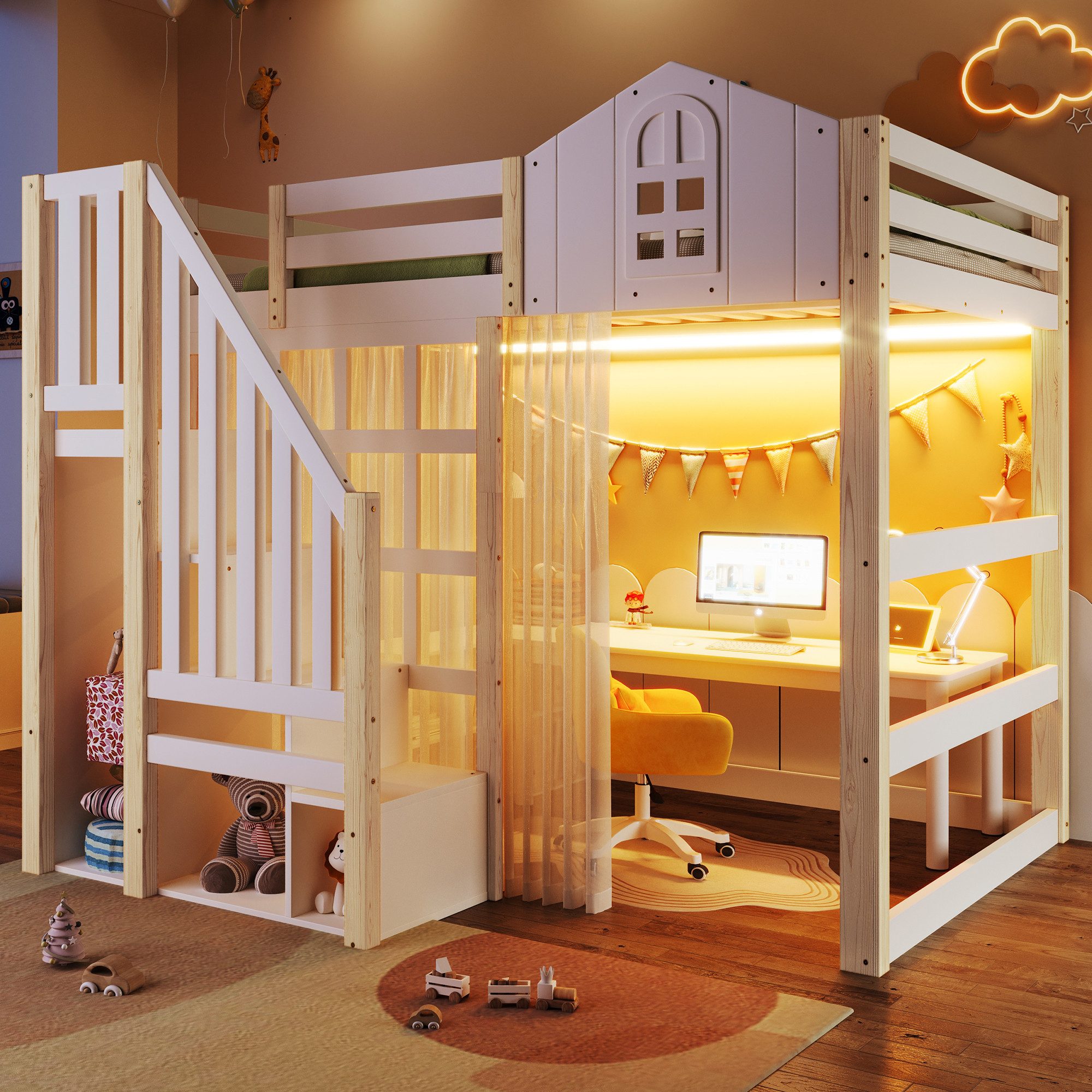 Flieks Hochbett Kinderbett Hausbett 140×200cm mit LED, Gazevorhang, Staurau günstig online kaufen