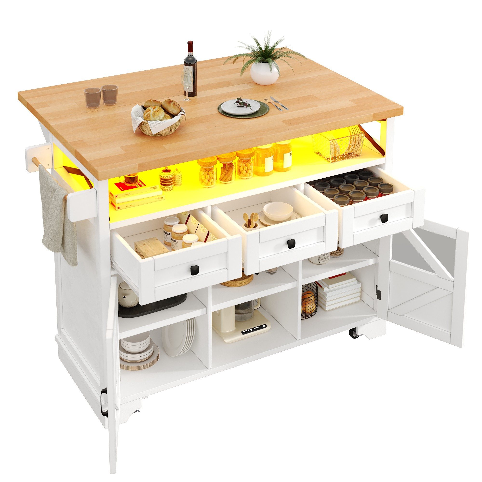 MODFU Küchenwagen Moderne Beistelltisch, (mit App LED und Klapptisch Weiß, 1 St., 120*43(71)*98)