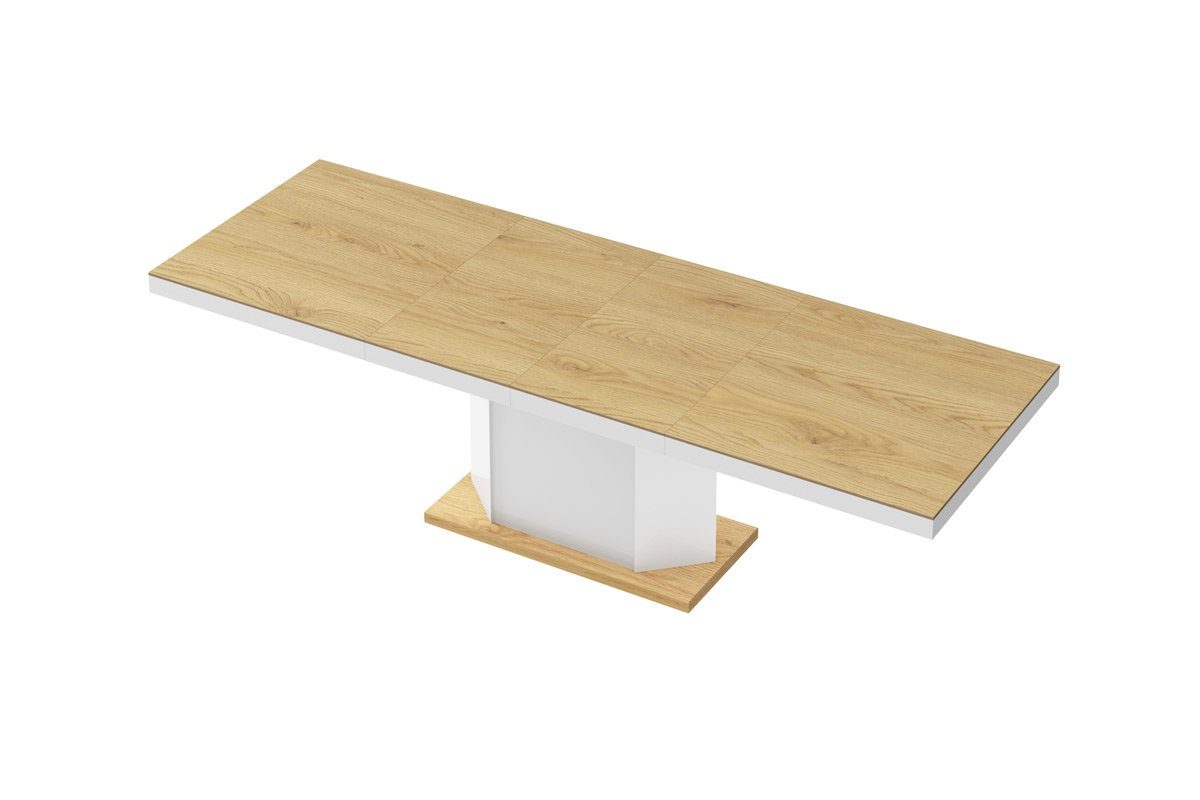 designimpex Esstisch Design Esstisch Tisch HE-333 Hochglanz Stauraum 160-256 cm ausziehbar Eiche Natur - Weiß Hochglanz