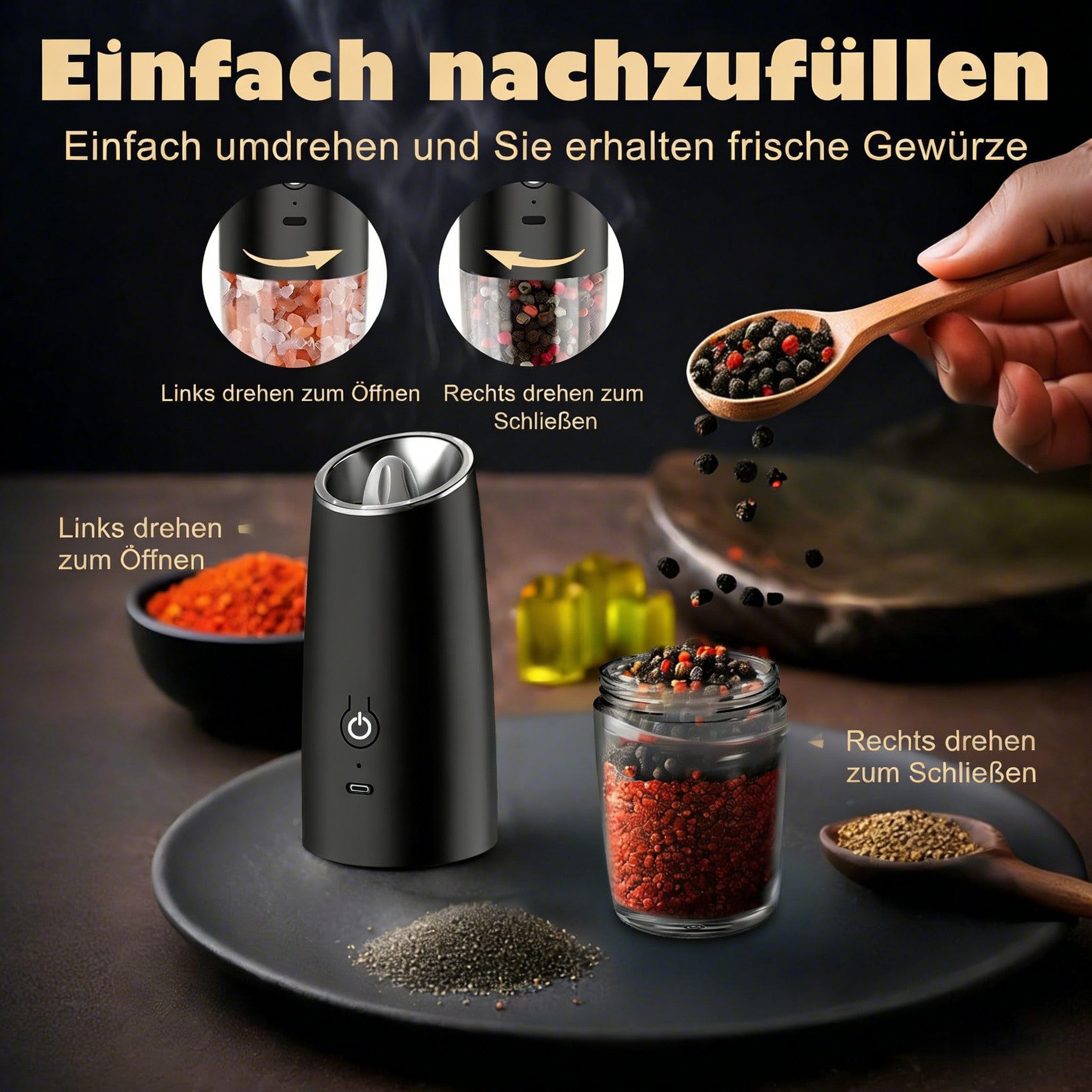 AIBISTAR Salz-/Pfeffermühle Elektrische Salz und Pfeffermühle 2er Set, USB Gewürzmühle Einstellbar Batterie, Einhandbedienung durch Schwerkraft, hochwertiger Keramikkern