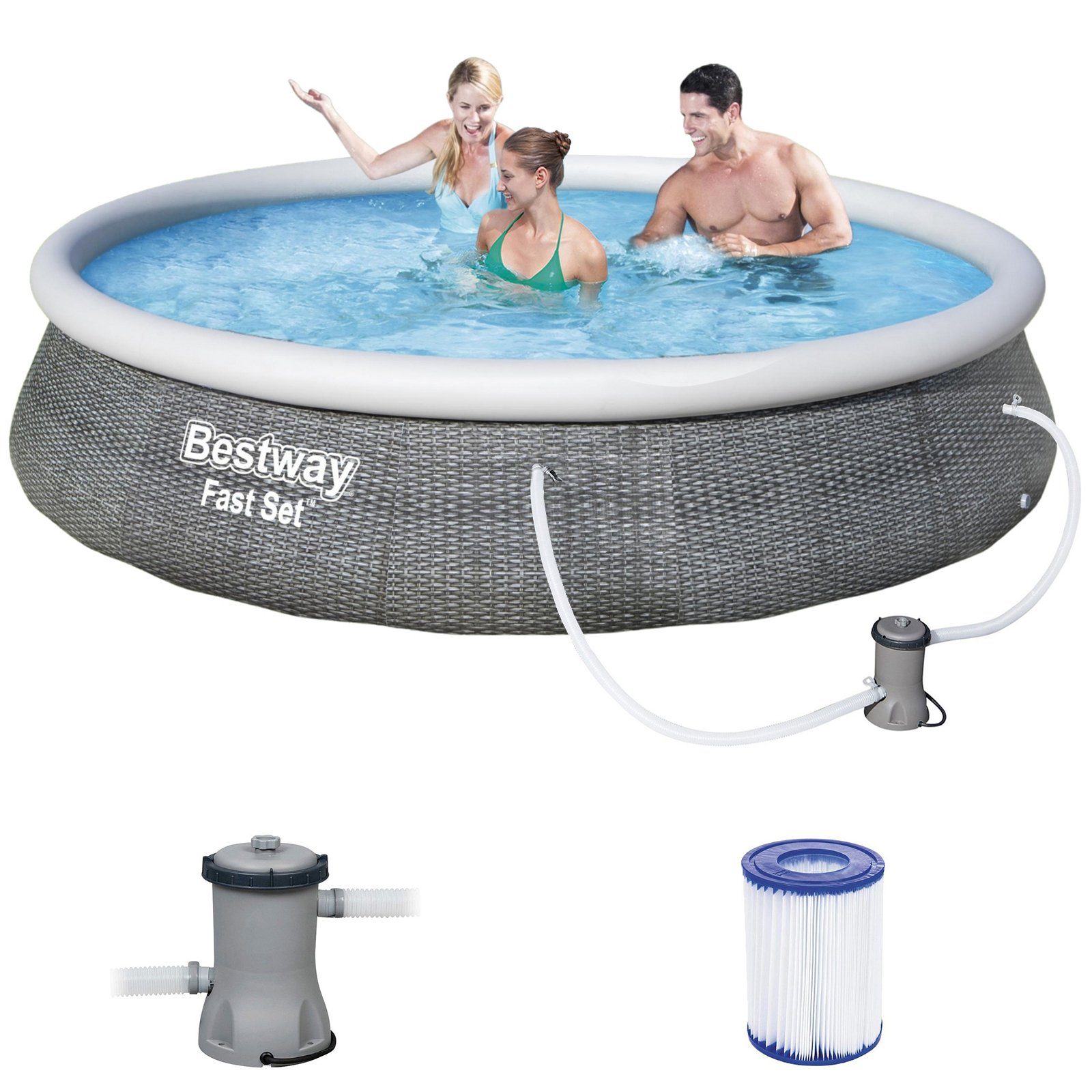 BESTWAY Pool 57376 Fast Set Pool Swimmingpool Rund Rattan + Filterpumpe 396x84cm