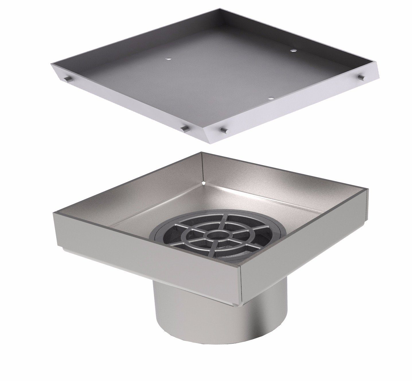 MERT Bodenablauf Edelstahl Ultra Flach Duschablauf 20x20 30x30 cm Fliesen Ablauf, Ultraflache Einbaumöglichkeit, komplett aus Edelstahl