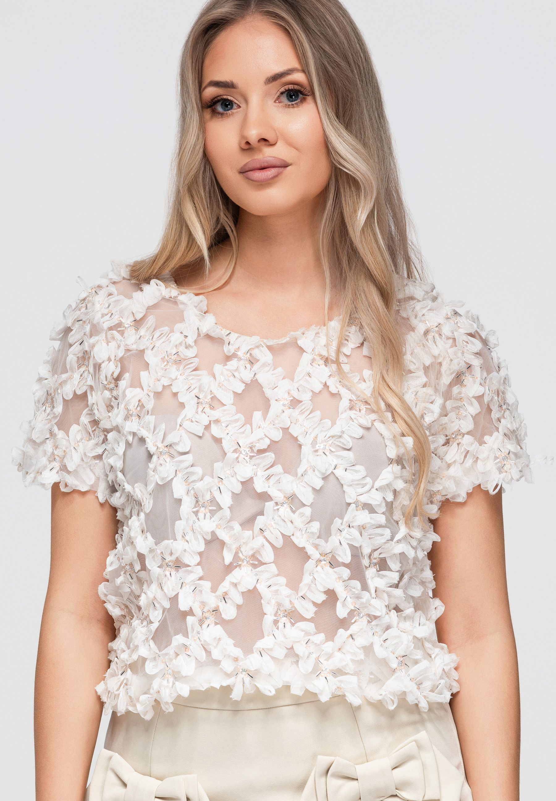 OMBRE Blusentop Damen Blusentop mit floralem Design Beige S (kein Set, 1-tlg) Dekorative Struktur
