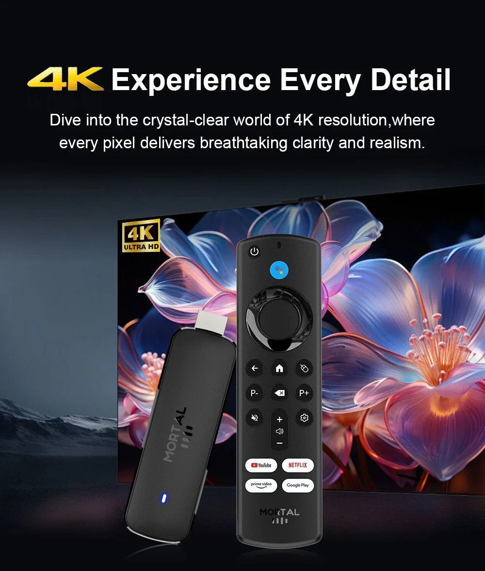 Athlix Streaming-Stick Mortal Q8 Streaming Stick Heimkino Media Player TV Stick Android 14.0, 4K UHD, WiFi 6, 16 GB Speicher, Quad-Core-Prozessor