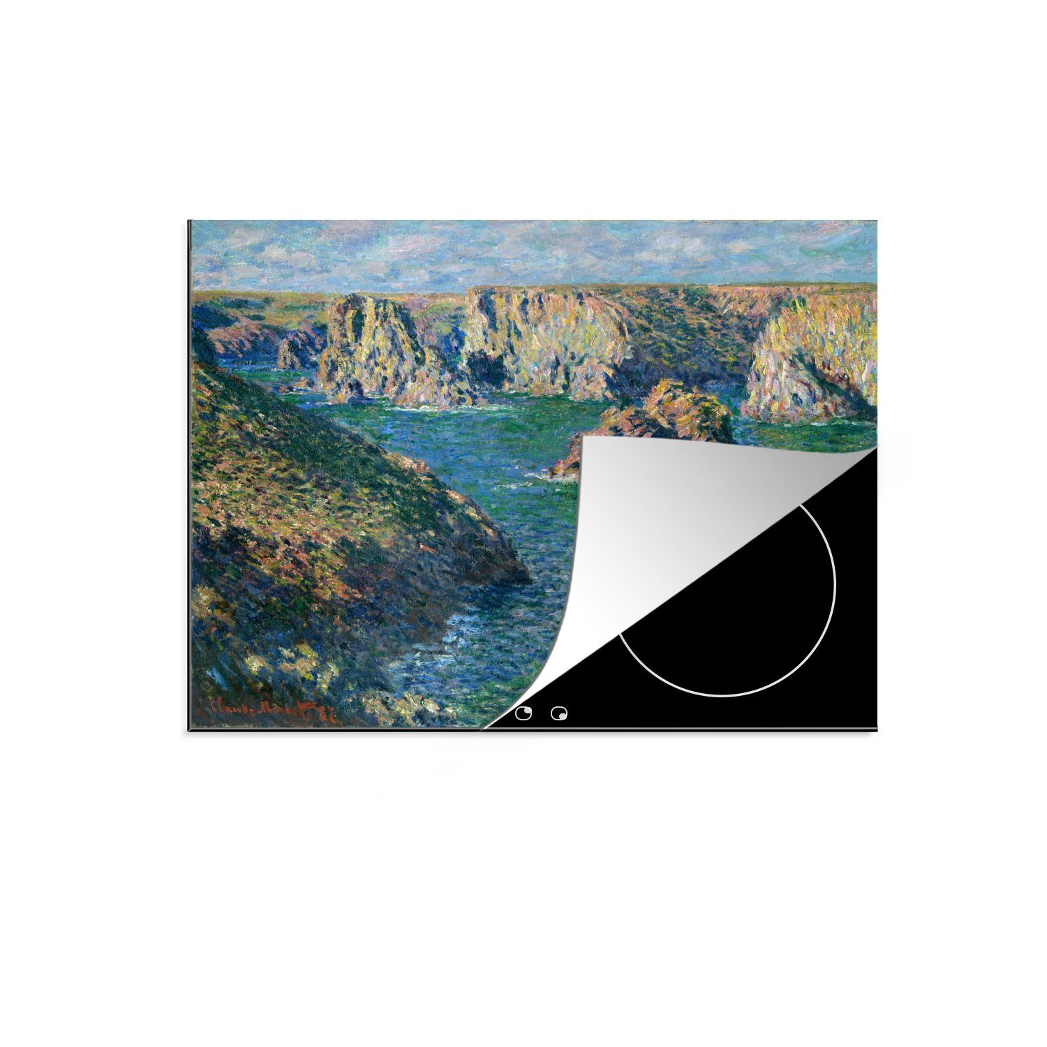 MuchoWow Herdblende-/Abdeckplatte Die Klippen von Belle-Ile - Gemälde von Claude Monet, Vinyl, (1 tlg), 59x52 cm, Ceranfeldabdeckung für die küche, Induktionsmatte