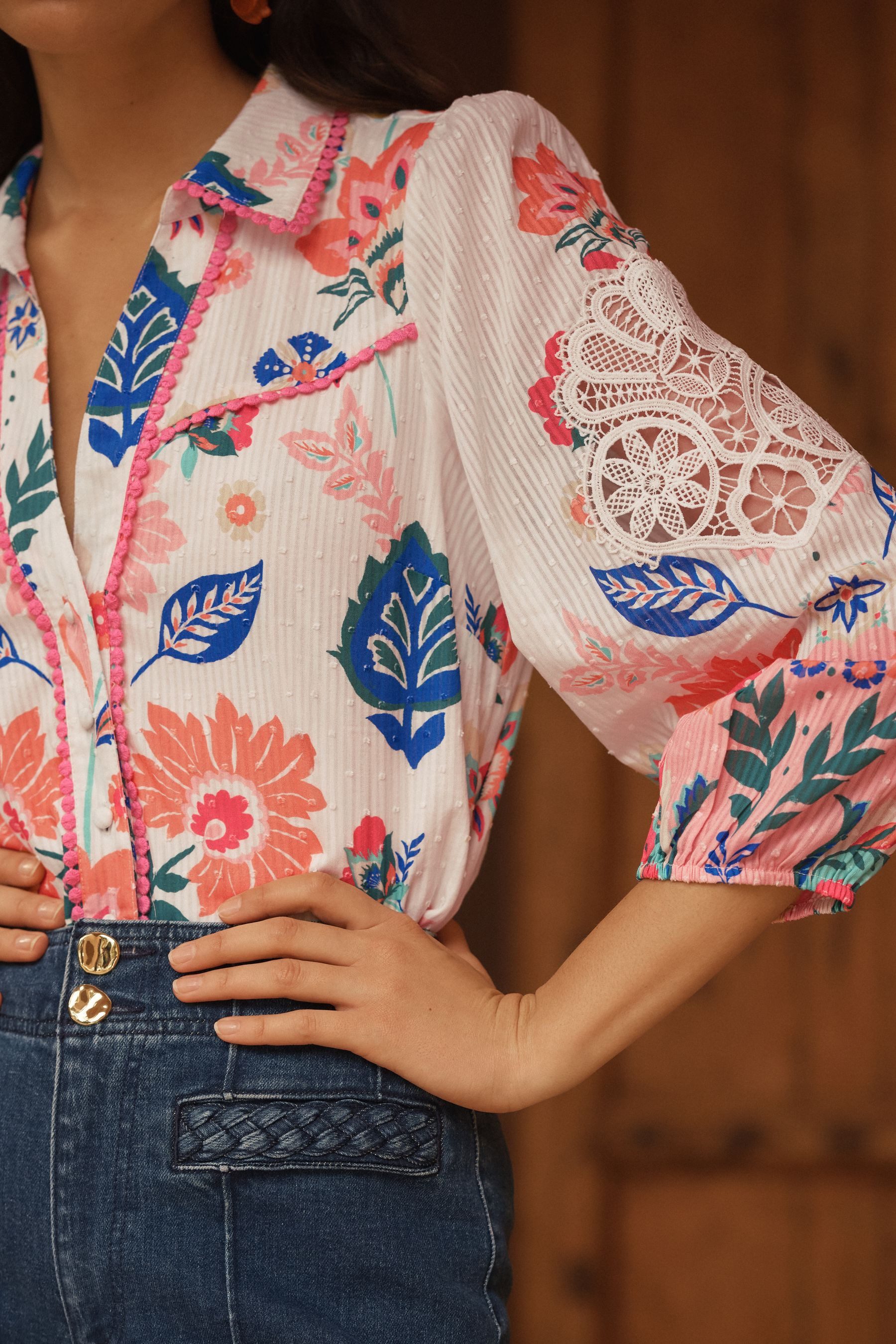 Love & Roses Spitzenbluse Love & Roses Bluse mit Print und Spitze, Regular (1-tlg)