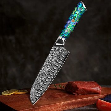 KEENZO Damastmesser Santoku-Messer aus 67 Lagen VG10 Damaststahl Abalone-Muschel Griff