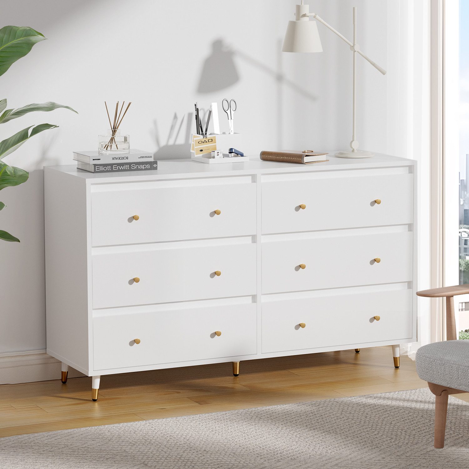 Lexzurn Kommode Kommode mit 3 Schubladen/5 Schubladen/6 Schubladen/8 Schubladen (Modernes Massivholz Sideboard für das Schlafzimmer,Wohnzimmer,Flur und Büro, Schrank,Viele Farbvarianten und Stauraum), Kommode weiß