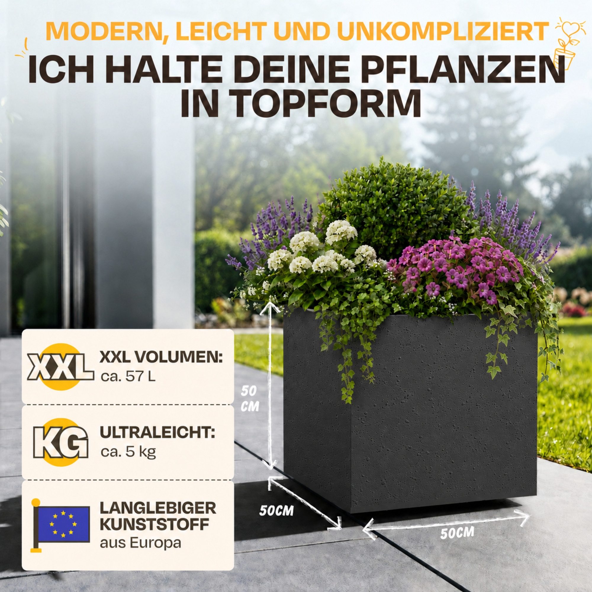 ONDIS24 Blumenkasten Ondis24 Pflanzkübel Vulkan Pierre 50 (1 St), 50x50x50 cm, in Vulkanstein/Basalt-Optik mit Wasserspeicher – Bild 2 von 5