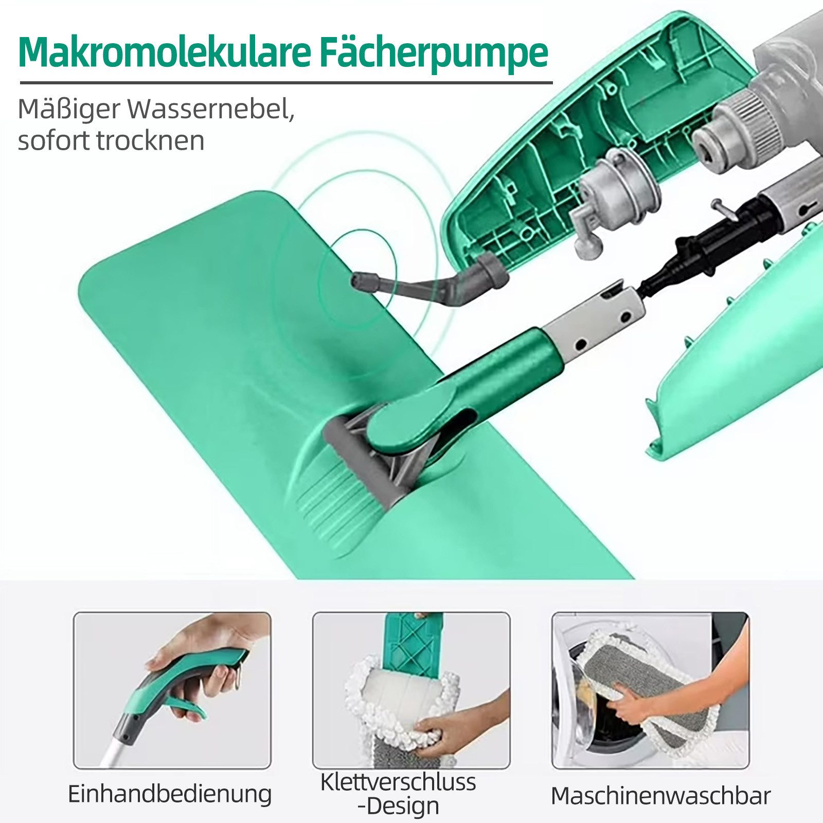 HUGERSTONE Sprühwischer Wischmopp Set mit 3 Mikrofaser Pads, Bodenwischer mit Sprühfunktion (Wischmopp mit 435ml Wassertank) Nass und Trockenwischer, 360 Grad Rotierender Wischmop für alle Böden