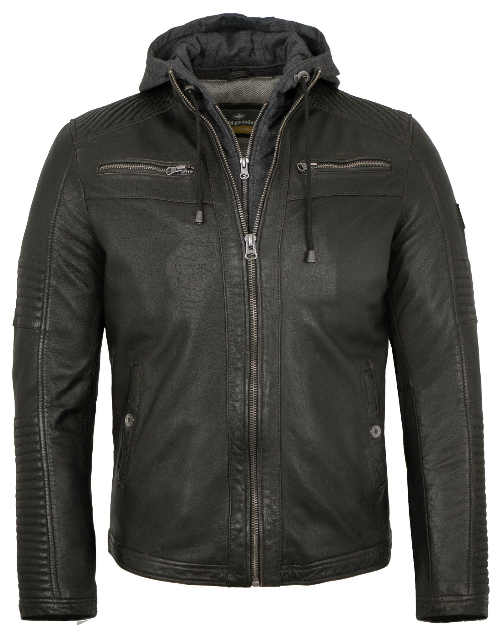 Redpoint Lederjacke Donald Redpoint - Herren Lederjacke Bikerjacke Kapuze Lammnappa schwarz antik
