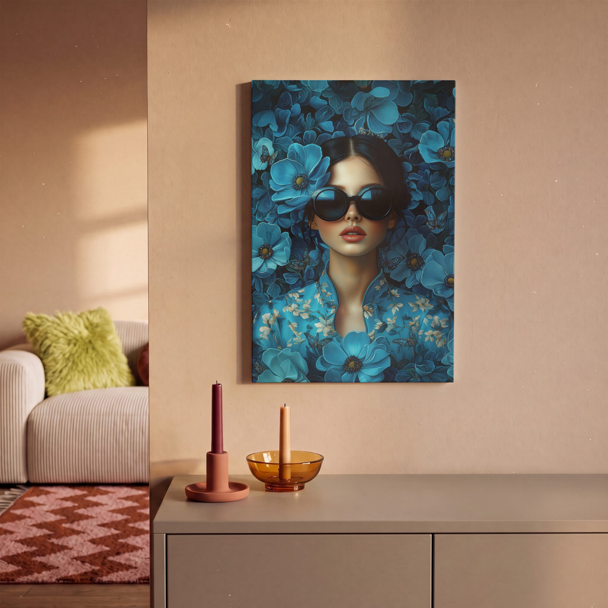 OneMillionCanvasses® Leinwandbild Frau - Blumen - Blau - Ästhetik - Luxus, Fotodruck (1 St), Leinwand Canvas Wandbild, Wanddekoration 20x30 cm – Bild 2 von 5