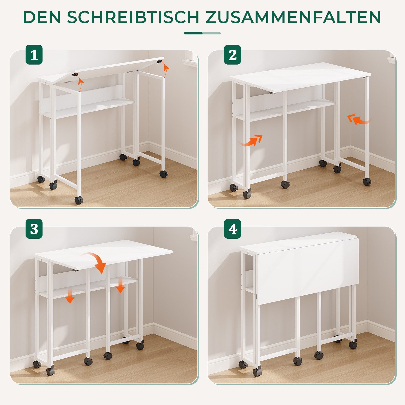 NAIMP Klapptisch Faltbar Schreibtisch Platzsparender Computertisch kleiner Tisch, mit Stauraum und Rollen – Bild 5 von 5