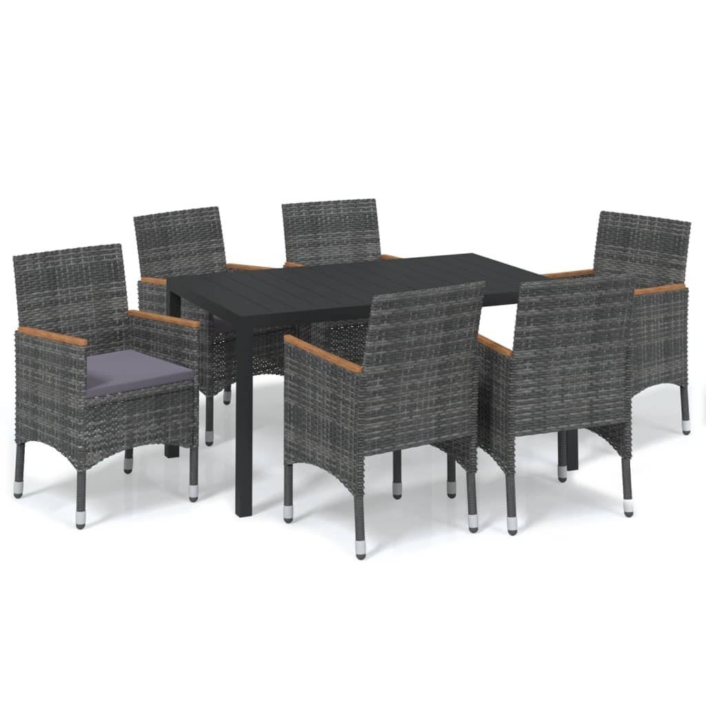 Garten-Essgruppe 7-tlg. Garten-Essgruppe mit Kissen Poly Rattan Grau