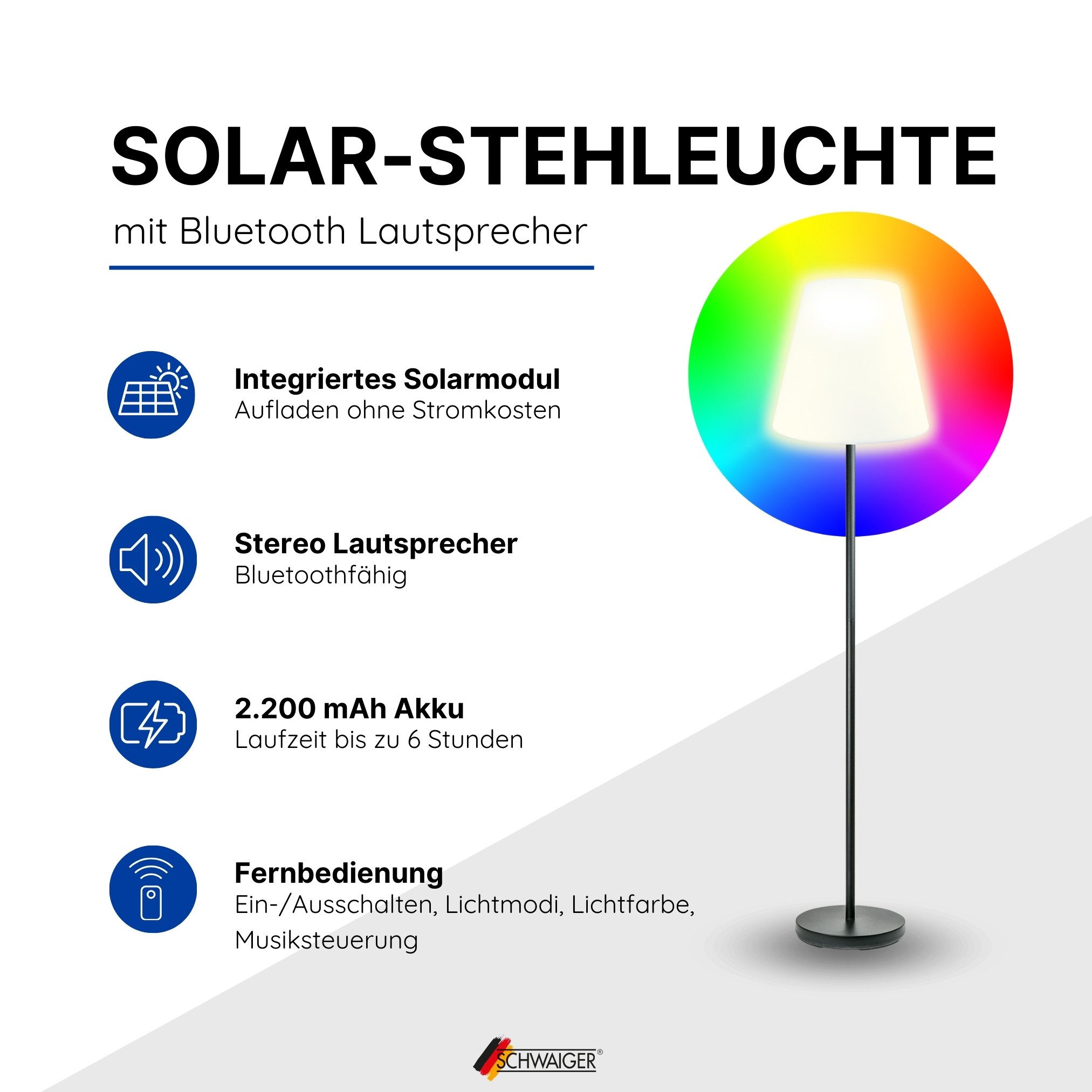Schwaiger LED Außen-Stehlampe 661828, Fernbedienung zum Ein-/Ausschalten der Lampe, verschiedene Lichtmodi, Bluetooth Lautsprecher, LED, farbwechsel, integrierter Lautsprecher, Farbwechseleffekt, IP44