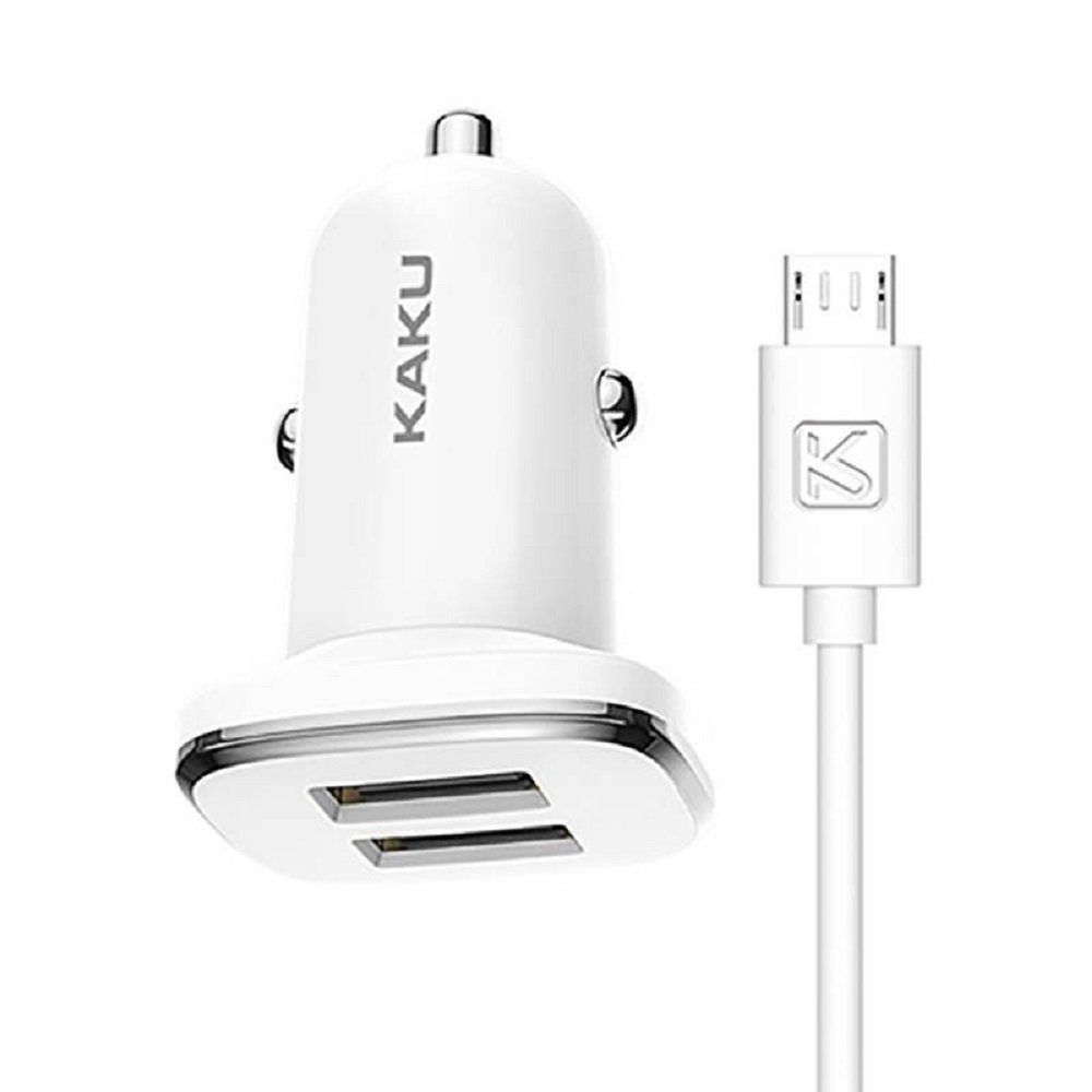 Kaku 2.4A 2x USB + Micro-USB Ladekabel Dual Port Ladegerät KFZ weiß Smartphone-Ladegerät