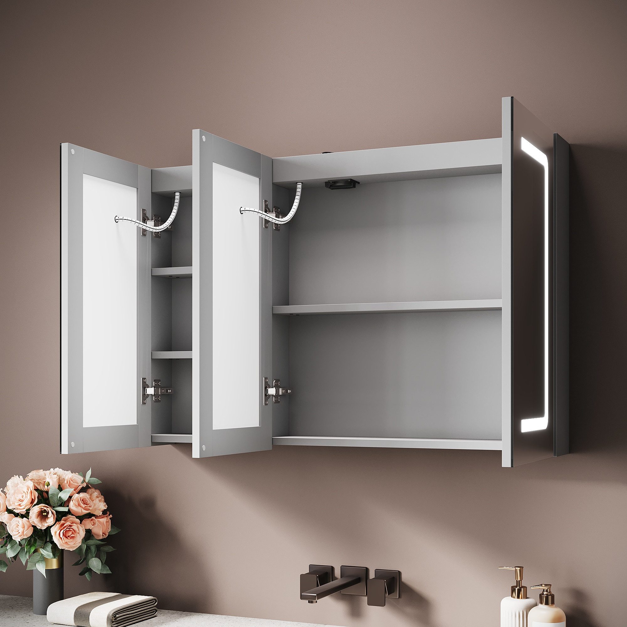 SONNI Spiegelschrank Badezimmerspiegelschrank, Spiegelschrank Badezimmer mit LED-Spiegel mit Beleuchtung, Anti-Beschlag, Licht in 3 Farbtemperaturen 90X60X13cm