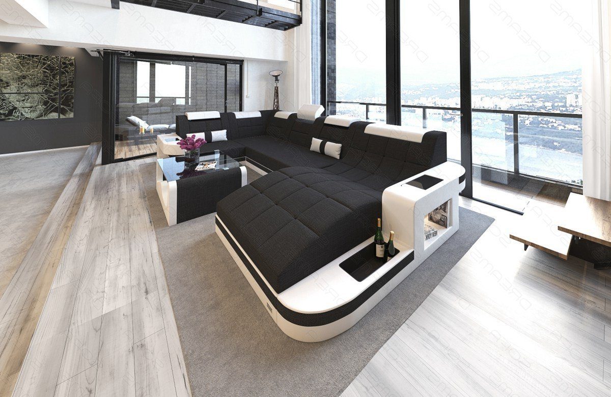 Polster schwarz-weiß Stoffsofa Sofa, Couch Bettfunktion Form H mit Wohnlandschaft Sofa wahlweise Strukturstoff Wave Dreams U